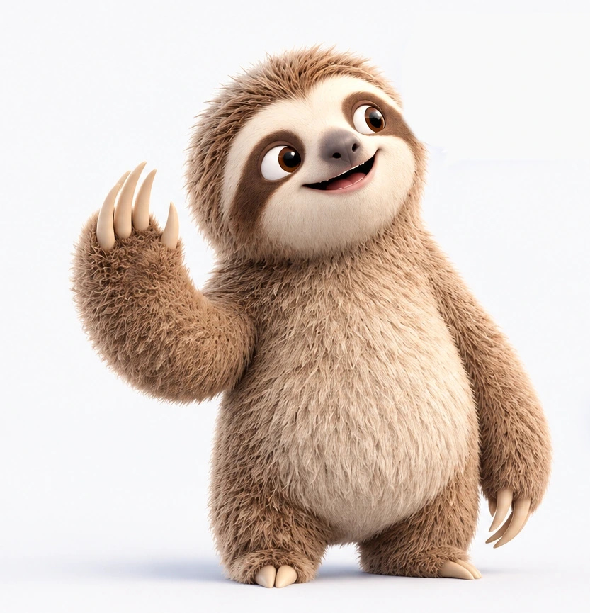 Oriv, our friendly, fluffy sloth mascot, smiles and waves hello.